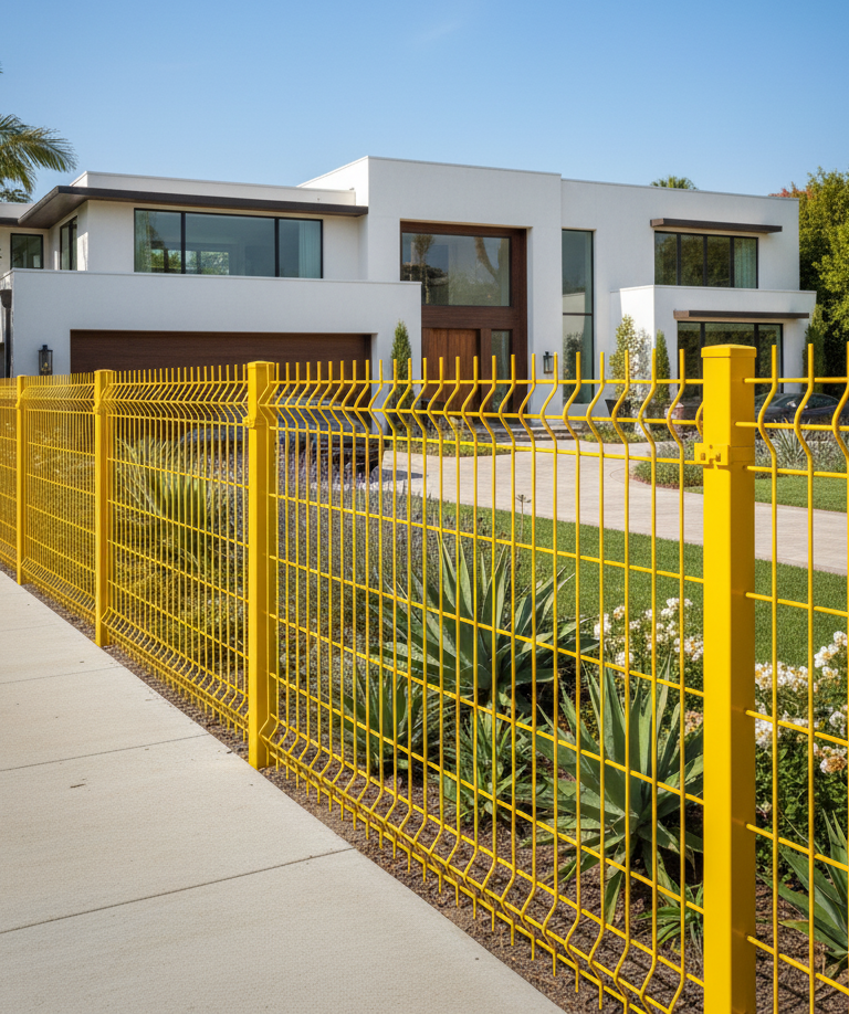 USA Modern welded steel fence panel with V-shaped folds for enhanced rigidity yellow color buy in USA Centinela Steel fences